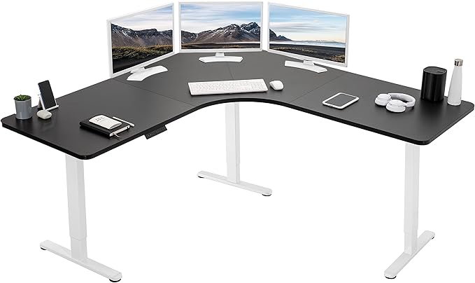 VIVO Electric Height Adjustable 71 x 71 inch Curved Corner Stand Up Desk Black Table Top White Frame Memory Controller L-Shaped Workstation E3C Series DESK-KIT-E3CWB