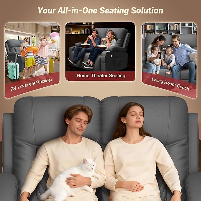 2026 Fabric Loveseat Recliner Sofa 2 Seater Reclining Loveseat Sofa RV Loveseat Couch Modern Recliner Chair for Living Room with Cup Holder and 2 Cell Phone Holders USB Ports Gray