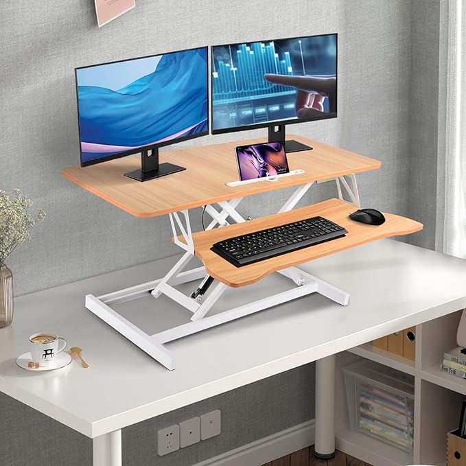 38-Inch Height Adjustable Standing Desk Converter Duals Monitor &amp Laptop Riser with Wide Keyboard Tray Sit to Stand Ergonomic Workstation for Home Office School Business Log Color