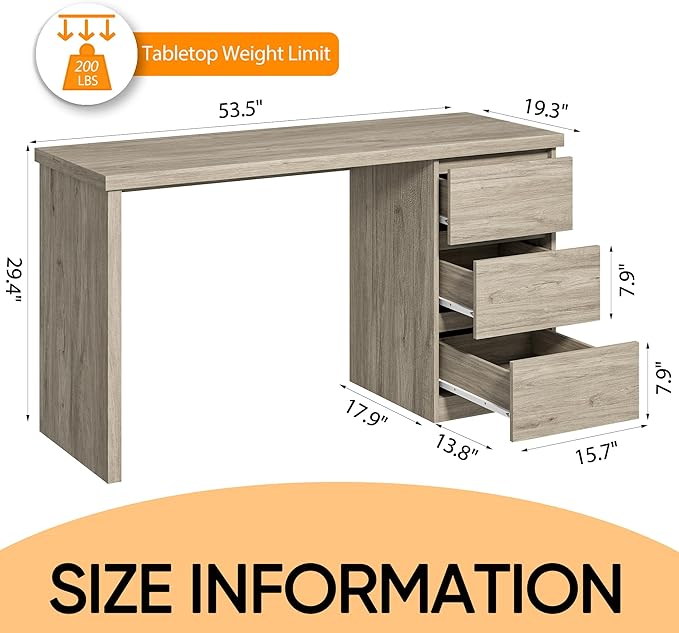 furtble Computer Desk with Drawers 53.5 inches Wood Work Desk Home Office Desk Workstation with Storage Farmhouse Computer Table for Bedroom Living Room Grey Oak