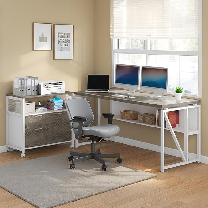 Tribesigns L-Shaped Executive Desk with Reversible File Cabinet 63 Large Office Desk with Drawers and Storage Shelves Business Furniture Workstation for Home Office (Oak Grey)