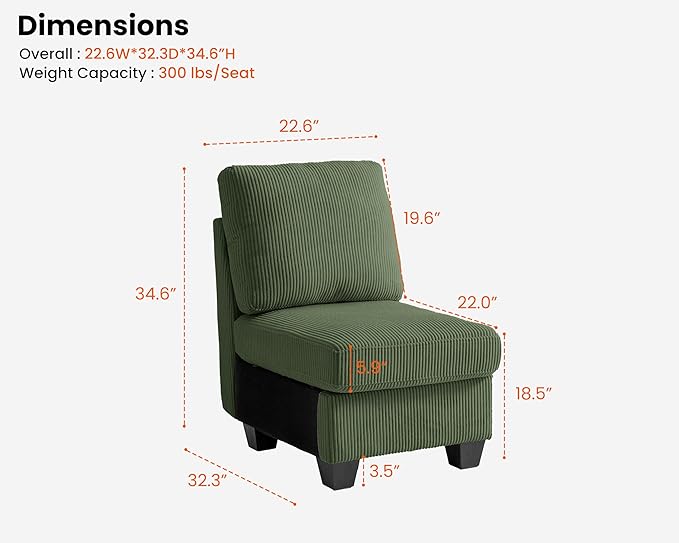 CHIC HOUSE Middle Module for Modular Couch Corduroy Customizable Chaise Storage Ottoman for Sectional Sofa Armrest Single/Double Seater
