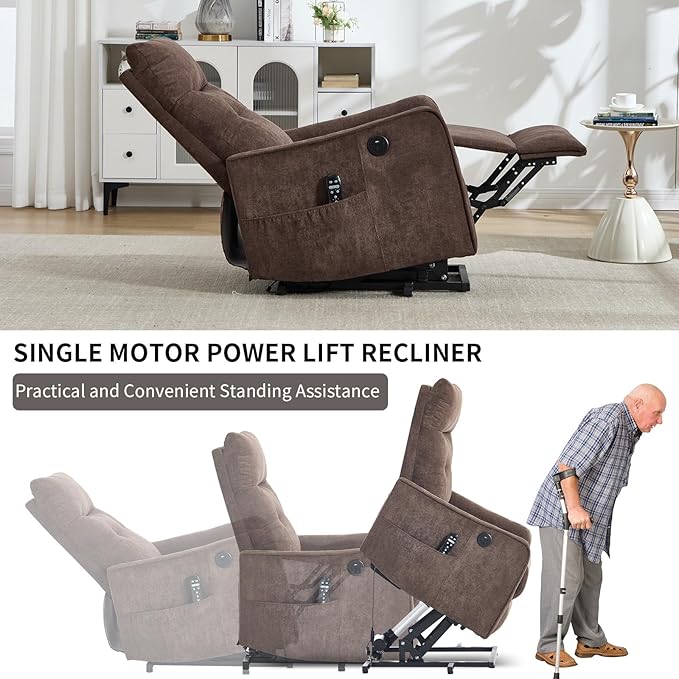 Small Power Lift Chair Recliner for Elderly Petite Power Recliner Chair with Massage and Heat | USB | High Back | Push Button | Side Pockets Liviing Room Easy Assembly (Chenille Brown)