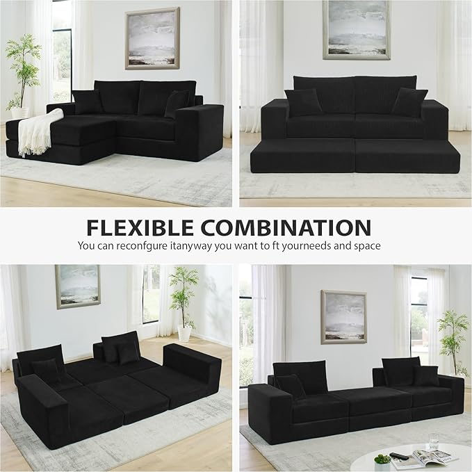 80 Inches Modular Sectional Loveseat Sofa Cloud Boneless Couch with Non-Slip Base Modern Sleeper Sofa Bed for Living Room Small Spaces No Assembly Required Corduroy (Black)