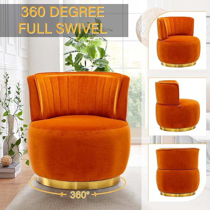 TTK Swivel Barrel Chairs for Living Room Set of 2 360 Degree Comfy Modern Round Chair Velvet Gold Accent Upholstered Armchair Arm Chair Sherpa for Bedroom Club Office Nursery Silla para Sala(Orange)