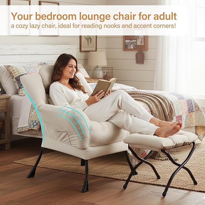 Lazy Chair with Ottoman Modern Accent Chair with Lumbar Pillow Velvet Beige Sofa Armchairs with Folding Footrest Oversized Supportive Chairs for Bedroom Reading