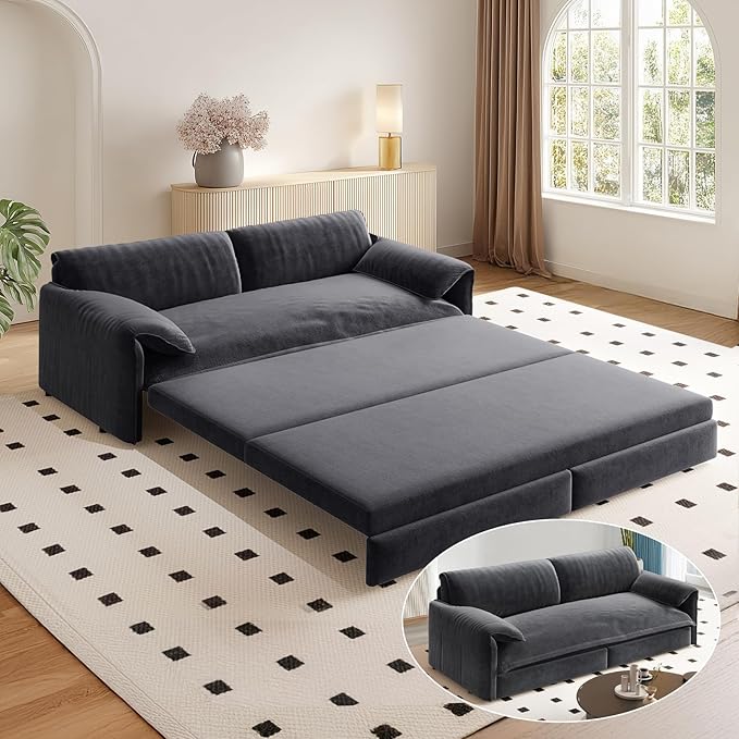 66 Queen Size Sofa Bed 3 in 1 Convertible Pull Out Sleeper Sofa with Thicked Cushions and Side Storage Velvet Loveseat Couch for Home Living Room Bedroom Apartment Lounge Small Spaces Grey