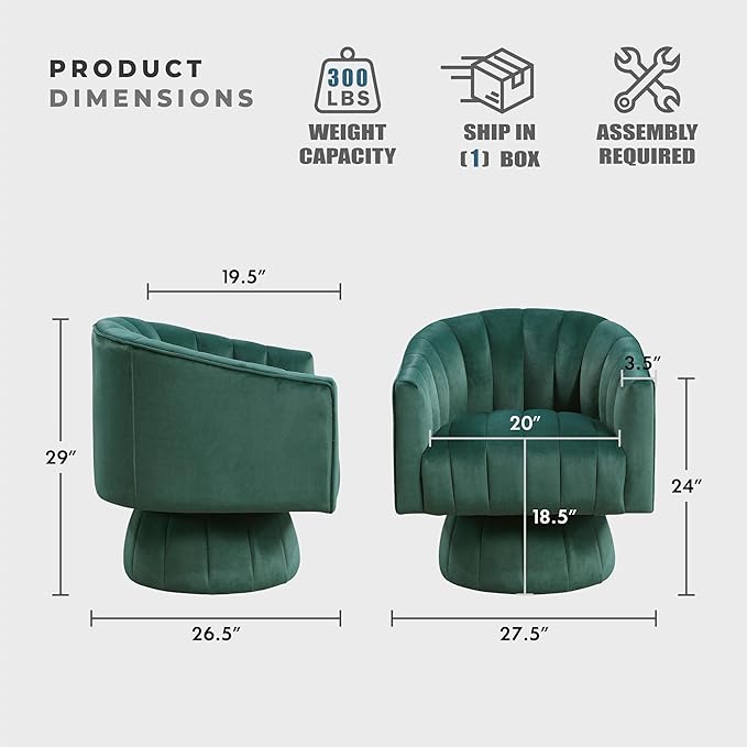Lexicon Modern Swivel Accent Chair Velvet Fabric Upholstered Swivel Lounge Chair with Rounded Base and Channel Stitching for Living Room/Bedroom/Office Easy Assembly Dark Green