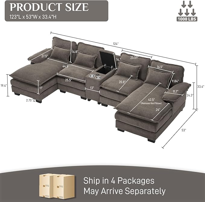 OUYESSIR U Shaped Cloud Sectional Couch 124 Fluffy Modular Sofa Set with Double Chaise Lounge Central Console &amp USB Port Comfy Chenille Big Sectional Couches for Living Room Stone Grey