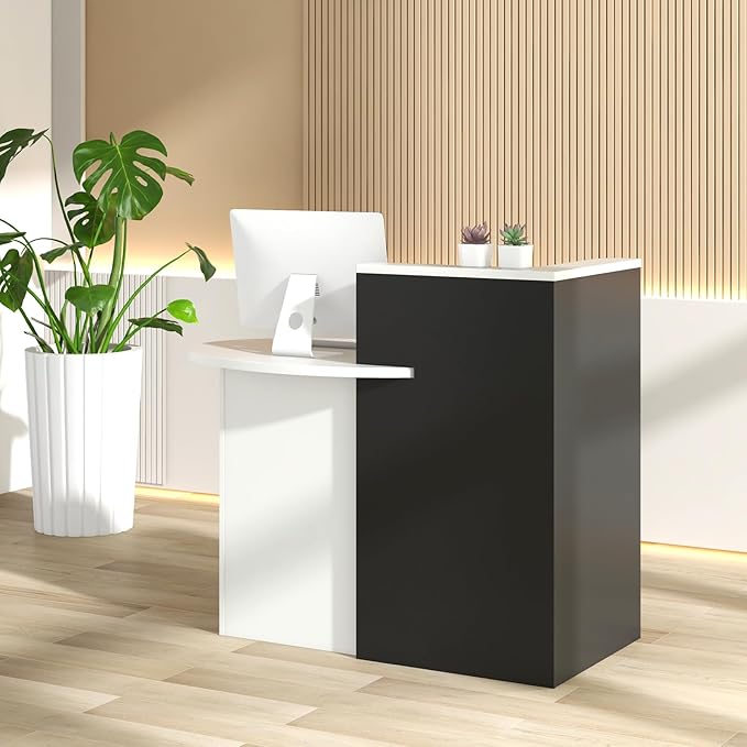 MAT EXPERT Reception Desk Front Desk with Open Shelves Lockable Drawer Round Tabletop Checkout Counter Retail Counter Computer Workstation for Office (Black Cabinet &amp White Desktop)