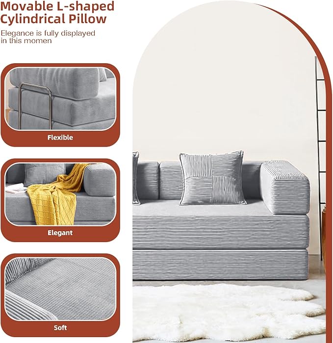 79 Convertible Sofa Bed with 2 Pillows Fixed-Shape Frame Removable Armrests Corduroy Boneless Futon Sofa Bed Modular Foldable Sleeper Couch for Living Room Bedroom Dorm（Beige Grey）