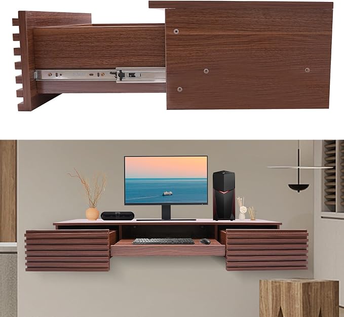 Wall Mounted Desk Floating Desk for Wall Desk Wall Mounted Desk with Pull Out Drawer Wall Organizer Space-Saving Desk for Homes Offices Entrances Bedroom Brown