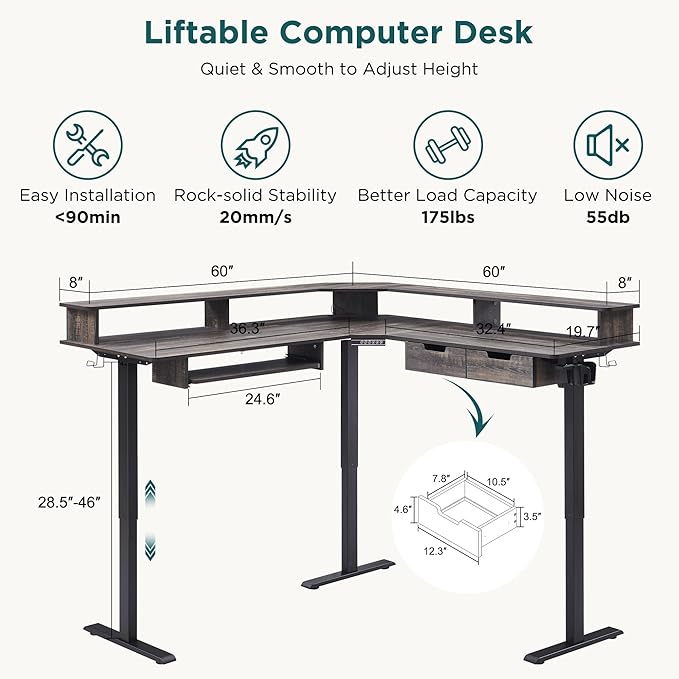 RedLemon Electric L Shaped Standing Desk 60 Motor Height Adjustable Sit Stand Corner Desk with Led Large Home Office Desk Computer Workstation Dark Rustic Oak