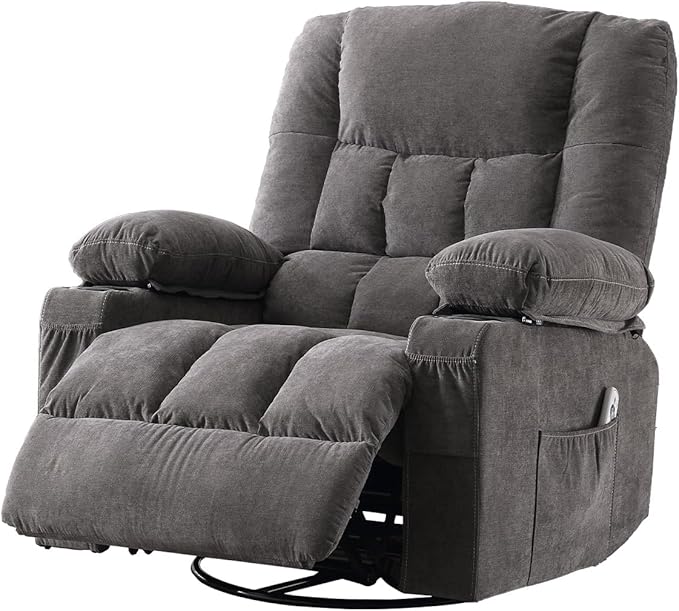 Swivel Recliner Chair for AdultsOversized Rocker Recliner with Vibration Massage and Lumbar HeatErgonomic Rocking Chair with Side Pocket2 Cup HoldersUSB Charge Port for Living Room