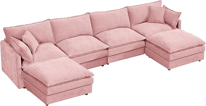 Modular Sectional Sofa 131 Inch U Shaped Couch for Living Room 6-Seater Comfy Chenille Cloud Couches with Movable Ottoman DIY Combination (Pink)