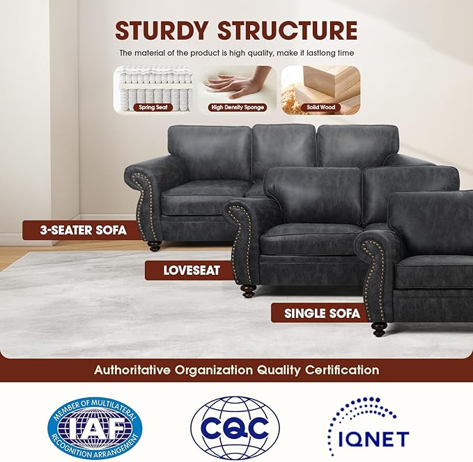 Living Room Furniture SetsMid-Century Vintage Sofa Couches with Rivet Design (Grey Single+Loveseat)