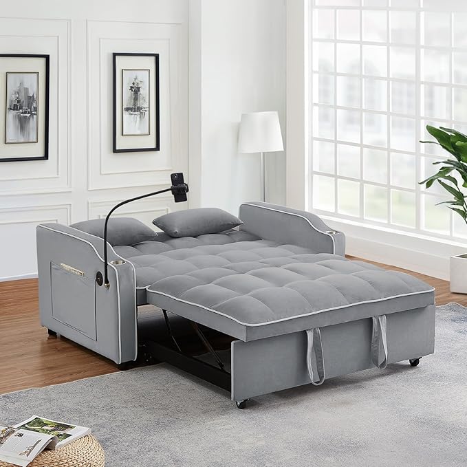 Pull Out Sofa Bed with Phone Holder Convertible Velvet Loveseat Sleeper with 2 USB Charging Ports Modern Futon Couch with Cup Holders and Adjustable Backrest Love Seat for Living Room Light Grey