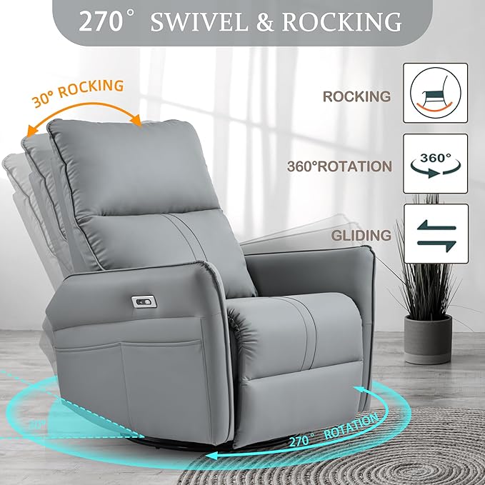 Power Swivel Rocker Recliner Chair for Nursery Upholstered 270° Swivel Glider Rocker Chair with USB Ports Small Power Recliners for Small Spaces Living Room