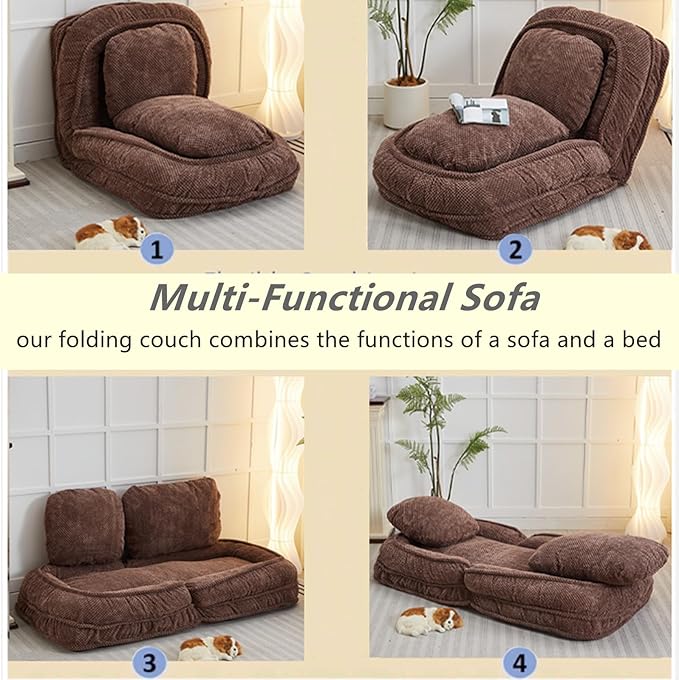 Foldable Lazy Sofa Bed Polyester Upholstered Human Dog Bed for Adults and Pets with 5 Adjustable Backrest Positions and 2 Soft Cushions for Living Room Bedroom Brown