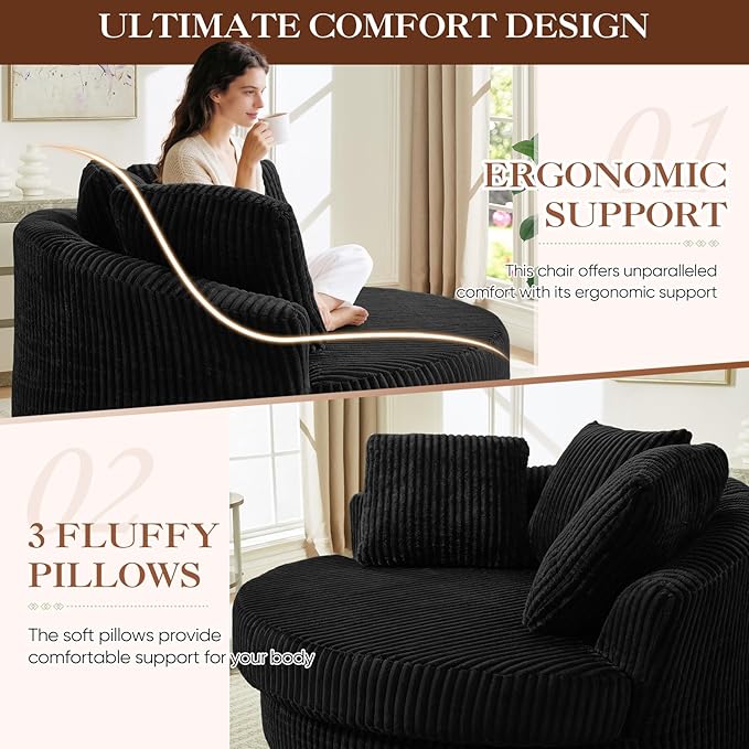 61W Oversized Round Chaise Lounge Chair Indoor Upholstered Corduroy Large Circle Boneless Chair with Deep Seat No Assembly Required Modern Comfy Cloud Sofa Chairs for Living Room Bedroom(Black)
