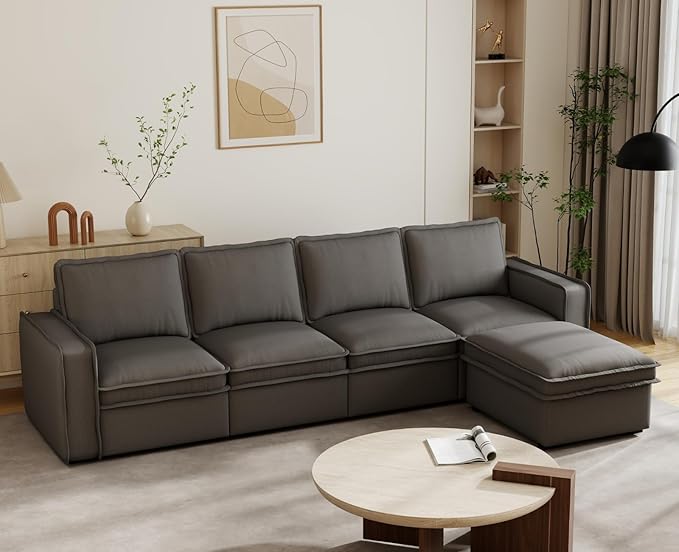 EALSON 119 Modular Sectional Sofa Comfy Cloud Couch with Ottoman Modern Convertible L Shape Couches with Wooden Legs Linen Deep Seat Couch 4-Seater Sofa with Ottoman for Living Room/Apartment Grey