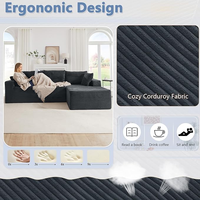 103 L-Shape Cloud Couch with ChaiseUpholstered Corduroy Modular Sectional Sofa Deep Seat Couch with Free Combination for Living Room &amp ApartmentNo Assembly Required(Dark GreyRight Facing Chai