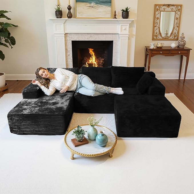106'' Modular Sectional Sofa U Shaped Boneless Cloud Couch with Chaise and Ottoman 4-in-1 Flexible Combination Faux Rabbit Fur &amp Layered Cushion Deep Seat for Living Room No Assembly Black