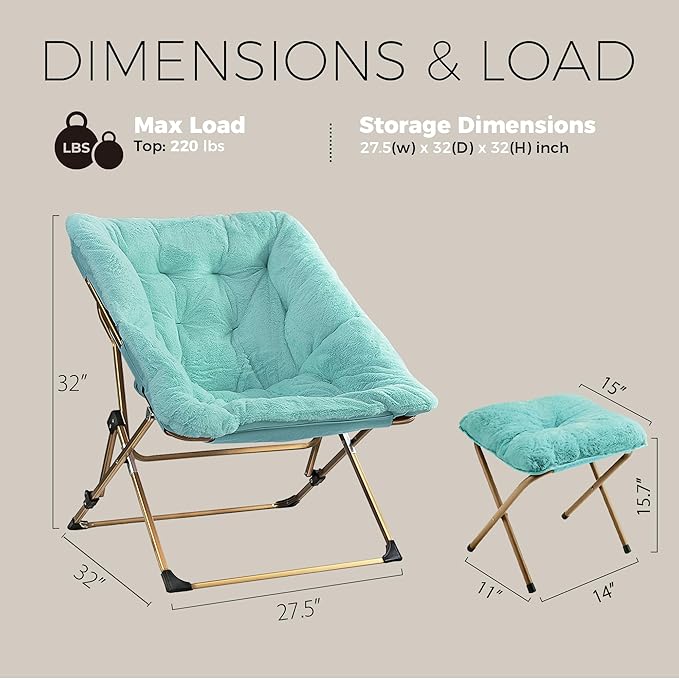 Walsham Folding Comfy Chair with Ottoman Faux Fur Soft Cozy Lounge Reading Papasan Chair with Footrest for Adults Kids Bedroom Living Room Dorms Small Space Green