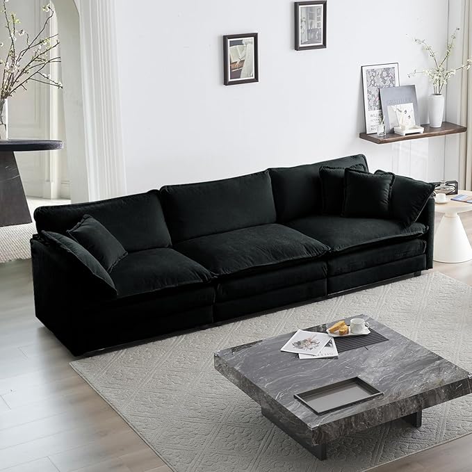 KIVENJAJA Chenille Modular Sectional Couch Modern 3 Seater Comfy Deep Seat Cloud Sofa with 5 Pillows for Living Room Bedroom Office Apartment 111.5”W Black