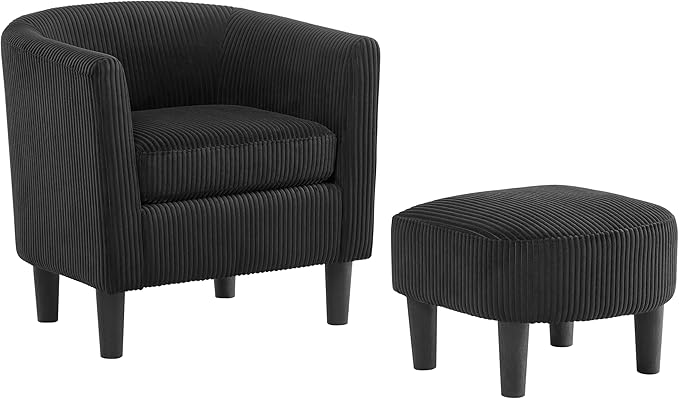 Modern Accent ChairUpholstered Arm Chair Linen Corduroy Single Sofa Chair with Ottoman Foot Rest Comfy Armchair for Living Room Bedroom and OfficeBlack
