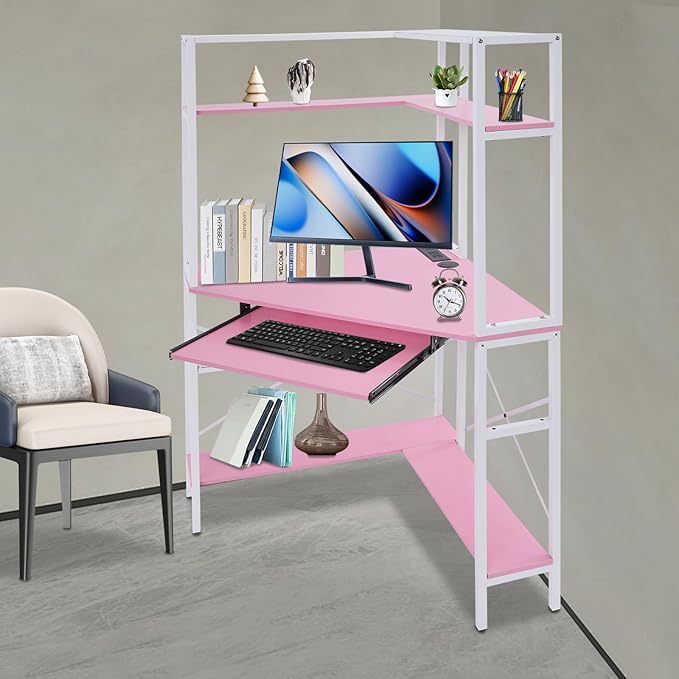Corner Computer Desk Modern Laptop Desk w/Outlets &amp LED Light Triangle Table w/Storage Shelf Small Space for Home Office Student Dormitories Bedroom Game Room Study Room Workstation (Pink)