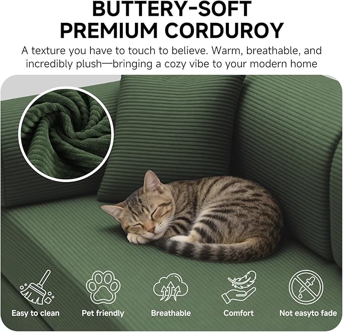 106” Cloud Sectional Couch L-Shaped Sofa with Right Facing Chaise Corduroy Boneless Couches Compressed Modular Sectional Sofa with Deep Seat High Backrest Headrest (Green)