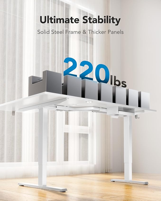 HUANUO L-Shaped Standing Desk 63 x 40 inch Dual Motor Corner Standing Desk Electric Height Adjustable Computer Desk with Cable Tray &amp 3 Preset Heights Raising Desk for Home Office White HNESD