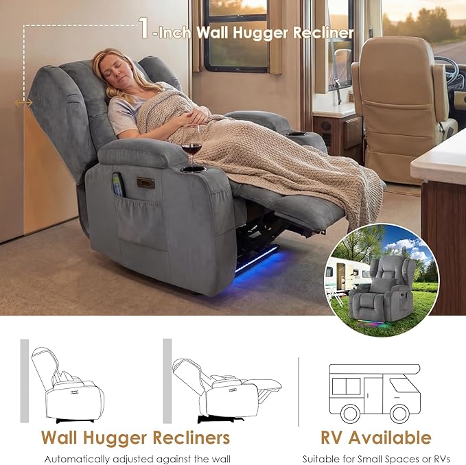 SAMERY Power Recliner Chair Set of 2 Electric Wall Hugger Recliners with Massage &amp Heat Comfy Reclining Sleeper Chair Movie Sofa Home Theater Seat with Cup Holders/USB Port/LED Light/Lumbar Pill