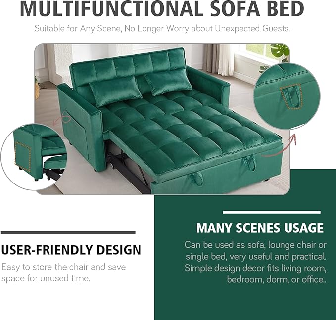 3 In 1 Velvet Convertible Sofa Bed Pull Out Couch Bed with Reclining Backrest And 2 Pillows 54 Full Size Loveseat Sleeper Sofa Futon Couch Beds Couches For Small Spaces Living Room (Dark Green)
