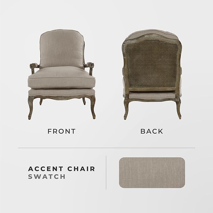 Lexicon Oak Distressed Solid Wood Accent Chair with Feather Down Seating Natural Linen Fabric Padded Armchair for Living Room Bedroom Reading Room or Sunroom Neutral