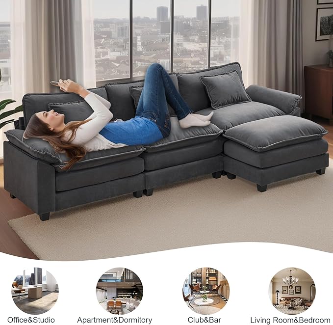 Modular Sectional Sofa Cloud Couch with Ottoman Deep Seat L Shaped Velvet Sofa Couches for Living Room Apartment (Dark Grey L Shaped-3 Seat &amp Ottoman)