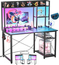 Cyclysio Gaming Desk with Hutch 39'' Computer Desk with LED Lights &amp Power Outlets Home Office Desk with Reversible 5 Tiers Storage Shelves &amp Monitor Stand Small Gaming Table for Small Spac