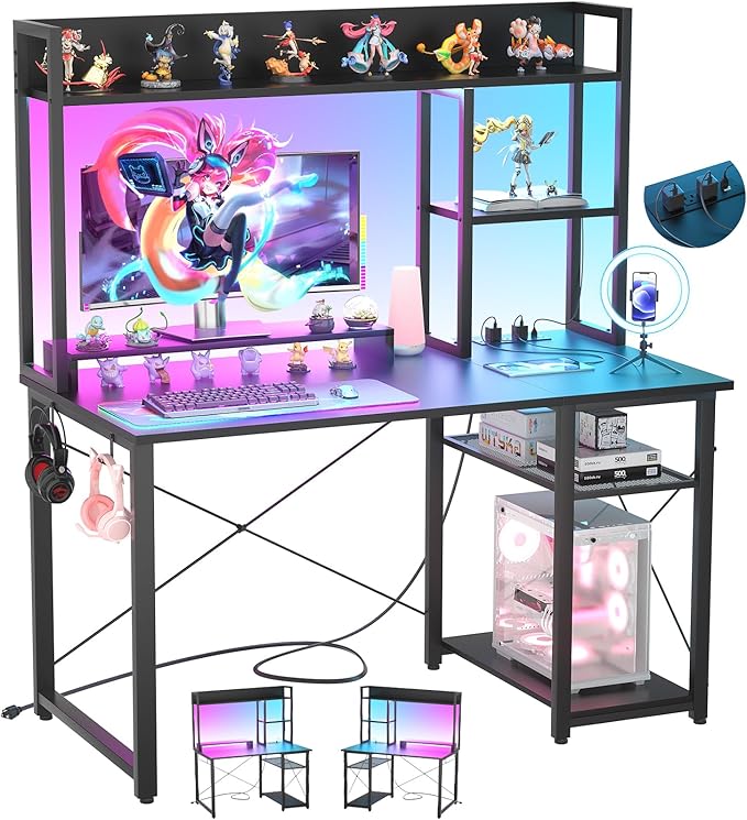 Cyclysio Gaming Desk with Hutch 39'' Computer Desk with LED Lights &amp Power Outlets Home Office Desk with Reversible 5 Tiers Storage Shelves &amp Monitor Stand Small Gaming Table for Small Spac