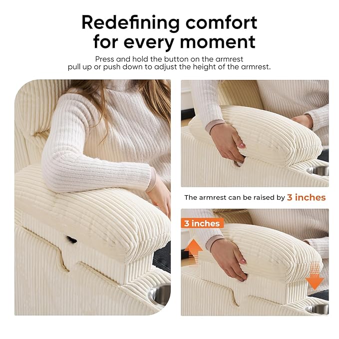 Swivel Rocker Recliner with Adjustable Armrests Rocking Nursery Chair with Adjustable Headrest Cup Holder Manual Recliner Nursing Chair for Breastfeeding Corduroy Beige