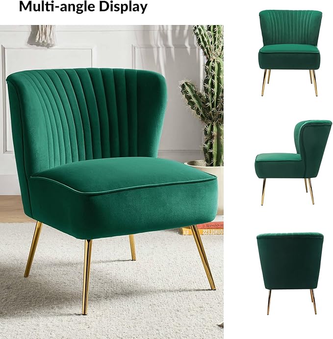 Tina's Home Velvet Armless Accent Chair Upholstered Modern Small Side Chair with Golden Legs Comfy Cute Wingback Slipper Chair for Living Room Study Beauty Room Thickly Padded(Green)