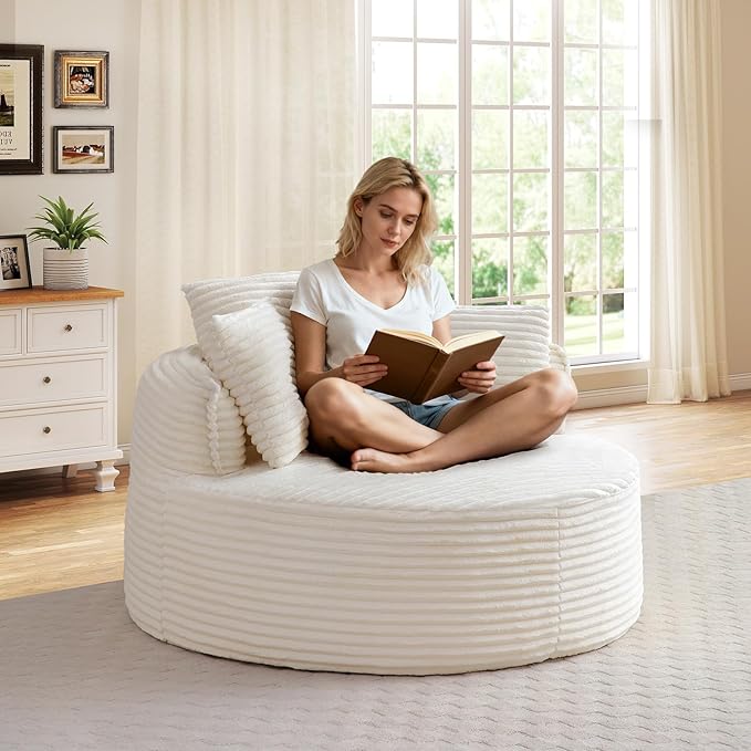 53-inch Boneless Round Chair Circle Corduroy Memory Foam Upholstered Chaise Lounge Indoor Comfy Reading Accent Deep Seat Sofa Chair for Living Room Bedroom Office No Assembly Required Beige