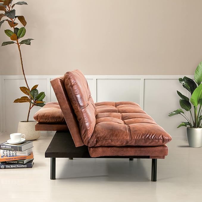 Opoiar Futon Sofa BedLounge Memory Foam Sleeper Couch for Living RoomConvertible Loveseat for Compact Living SpacesStudio ApartmentDormHome Office71-Brown-Faux Leather-Thicker versio