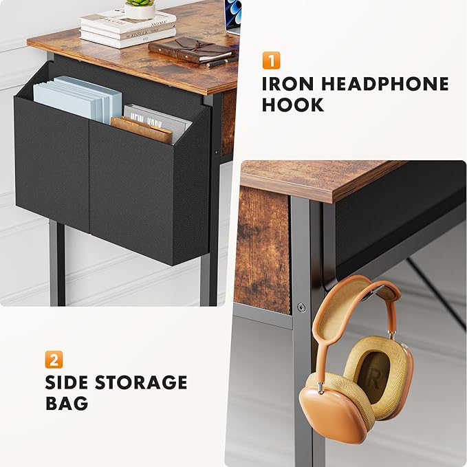 Sweetcrispy Computer Desk Small 32 Inch Home Office Bedroom Writing Study PC Table with Fabric Storage Drawers Space Side Bag Headphone Hook Adjustable Feet Modern Simple Style Rustic Brown