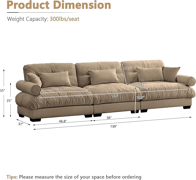 Oversized Modular Sectional Sofa 130 Inch Comfy Velvet Cloud Couches for Living Room Office 3-Seater Sofa with 5 Pillows Round Bolster Armres Camel