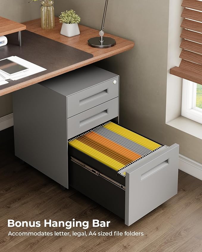 Dripex 3 Drawer File Cabinet Mobile File Cabinet with Lock on Wheels Letter/Legal Size Fully Assembled Modern Small Short Vertical Metal Rolling Filing Cabinets Under Desk for Home Office (Grey)
