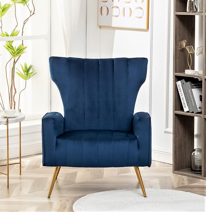 Modern Velvet Accent Chair Channel Tufted Bedroom Office or Living Room Furniture with Elegant Metal Legs 26 Wide Armchair Blue