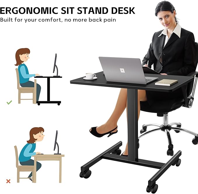 Mobile Laptop Standing Desk Adjustable Height Small Mobile Desk Workstation with Wheels Portable Rolling Computer Desk Cart for Home Office Classroom (Black)