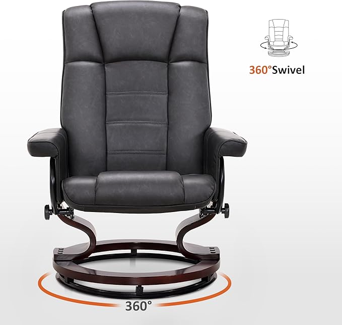MCombo Manual Swivel Recliner with Ottoman Chair Ottoman Set for RV Small Spaces Living Room Bedroom Office 9019 4919 (Faux Leather Dark Grey)
