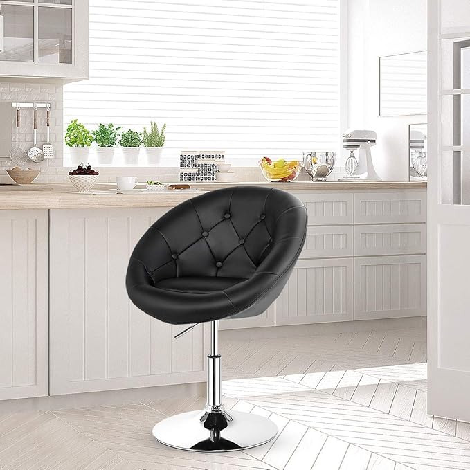 COSTWAY Vanity Chair Contemporary Height Adjustable Makeup Chair with Chrome Frame Tufted Round-Back Modern Swivel Accent Chair for Lounge Pub Bar Black